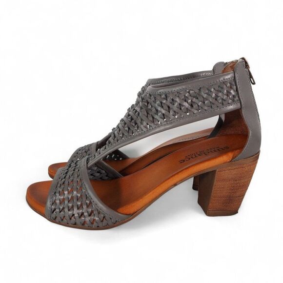 Sundance Demeter Hillside Woven Leather Heeled Sandals Bluish Grey Women's 7/37 - Picture 2 of 10